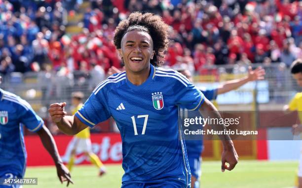 Aron Giammaglichella of Italy celebrates after scoring his team's first goal during International Friendly match between Italy and Romania at Stadio...