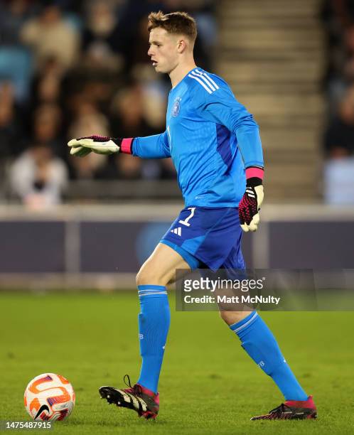 Jonas Urbig of Germany during the International Friendly between England U20s and Germany U20s at Manchester City Academy Stadium on March 22, 2023...