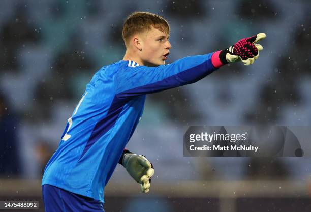 Jonas Urbig of Germany reacts during the International Friendly between England U20s and Germany U20s at Manchester City Academy Stadium on March 22,...