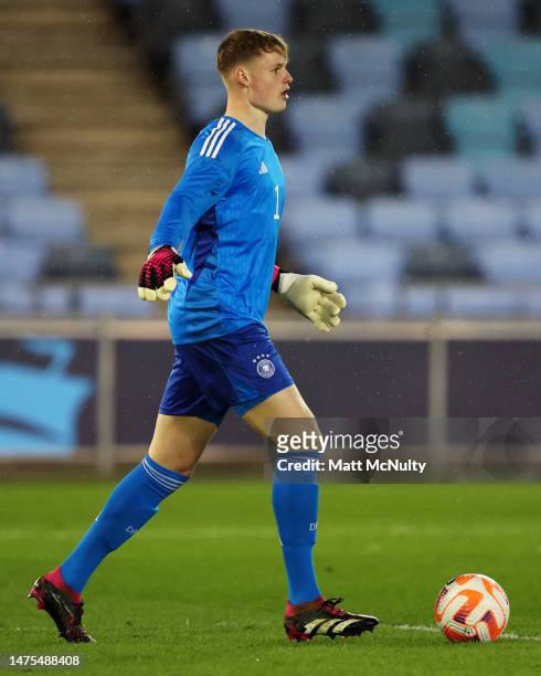Jonas Urbig of Germany during the International Friendly between England U20s and Germany U20s at Manchester City Academy Stadium on March 22, 2023...