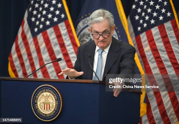 Chairman of the US Federal Reserve Jerome Powell speaks during a news conference following a Federal Open Market Committee meeting on March 22, 2023...