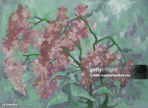 illustration oil painting horizontal landscape flowering bush of lilac - impressionism stock illustrations