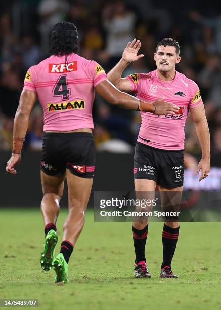 Nathan Cleary of the Panthers celebrates with team mates after kicking a two-point field goal during the round four NRL match between the Parramatta...
