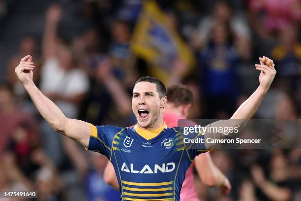 Mitchell Moses of the Eels celebrates after kicking a field-goal in extra time to win the round four NRL match between the Parramatta Eels and...