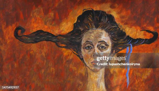 illustration oil painting portrait of girl with a long neck and long black hair on a sepia background - sad clown stock illustrations