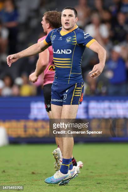 Mitchell Moses of the Eels celebrates after kicking a field-goal in extra time to win the round four NRL match between the Parramatta Eels and...