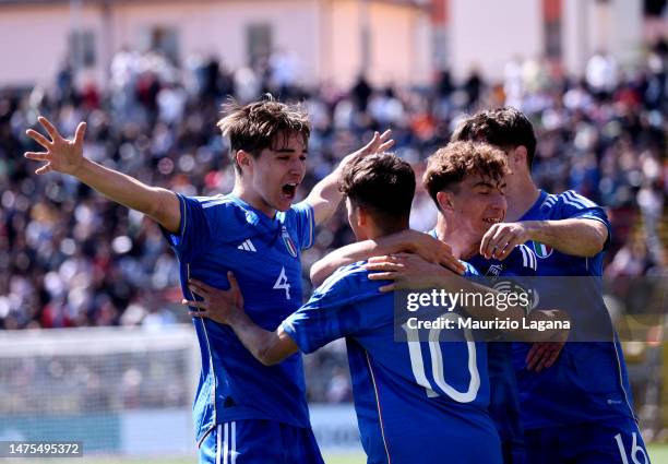 Kevin Bruno of Italy celebrates his team's third goal during International Friendly match between Italy and Romania at Stadio Alfredo Viviani on...