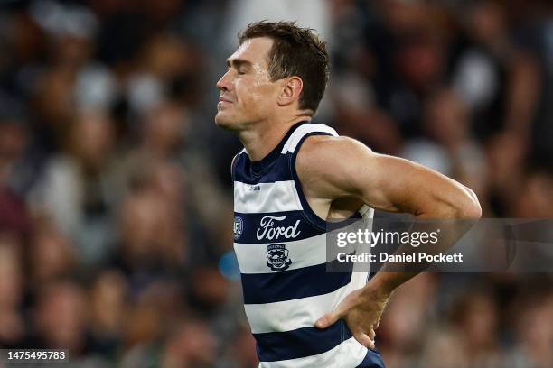 Jeremy Cameron of the Cats reacts after kicking a goal during the round two AFL match between Carlton Blues and Geelong Cats at Melbourne Cricket...