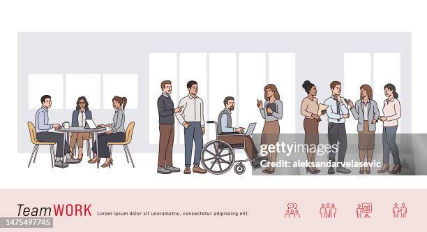 ilustrações de stock, clip art, desenhos animados e ícones de large group of business people in a modern office space having a meeting - business woman desk stand