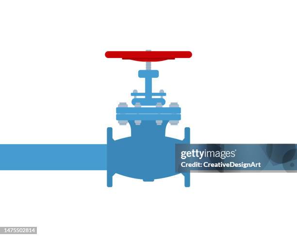 side view of pipeline with red valve. oil, gas or water transportation with blue pipe line valve - machine valve stock illustrations