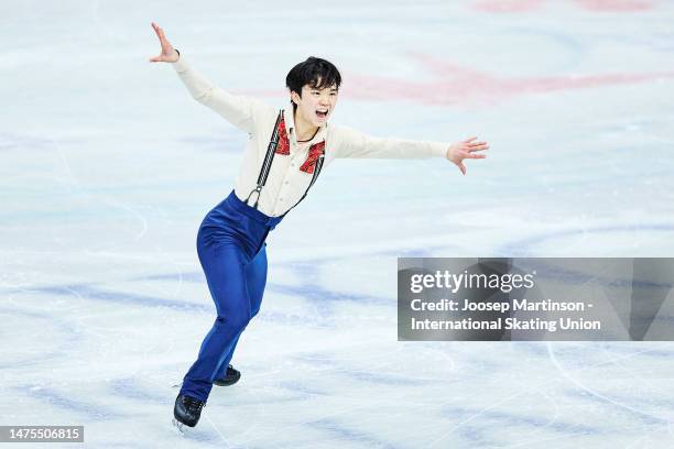 Kazuki Tomono of Japan competes in the Men's Short Program during the ISU World Figure Skating Championships at Saitama Super Arena on March 23, 2023...