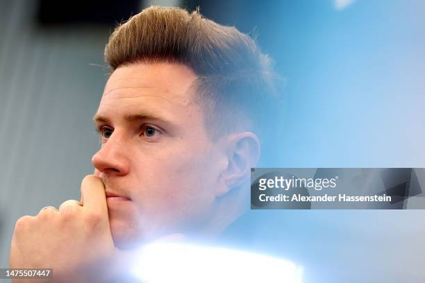 Marc Andre ter Stegen of Germany looks on during a press conference of the German national team at DFB-Campus on March 23, 2023 in Frankfurt am Main,...