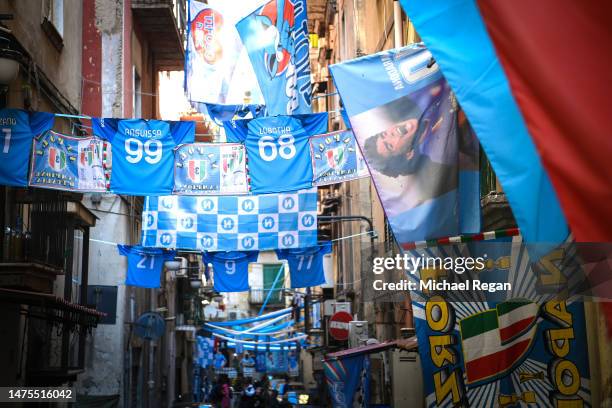 Napoli shirts and flags hang in the street before the UEFA EURO 2024 qualifying round group C match between Italy and England at Stadio Diego Armando...