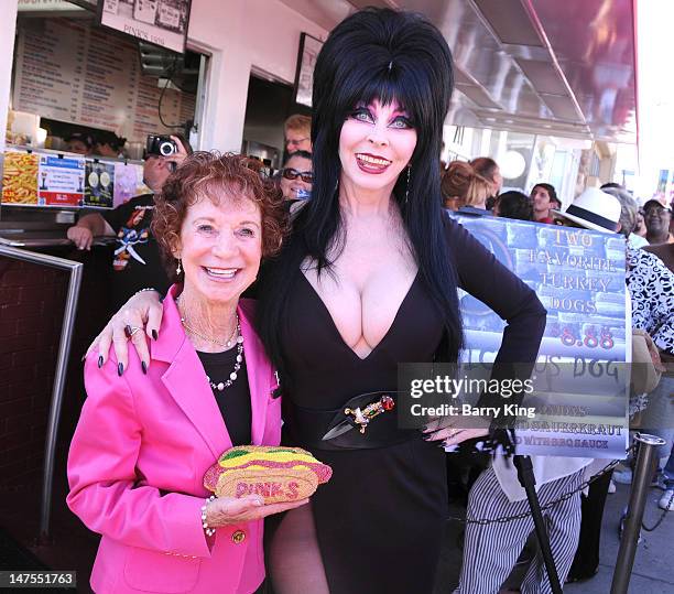 Actress Cassandra Peterson attends the launch of her new signature Elvira hot dog at Pink's Hot Dogs on July 1, 2012 in Los Angeles, California.