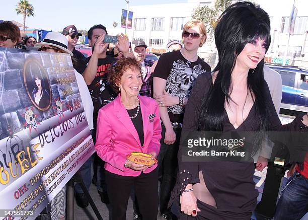 Actress Cassandra Peterson attends the launch of her new signature Elvira hot dog at Pink's Hot Dogs on July 1, 2012 in Los Angeles, California.