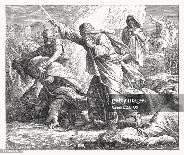 elijah kills the prophets of baal (1 kings 18, 40) - baal statue stock illustrations