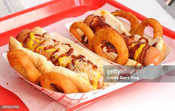 General view of atmosphere of Elvira's hotdogs at the launch of her new signature Elvira hot dog at Pink's Hot Dogs on July 1, 2012 in Los Angeles,...