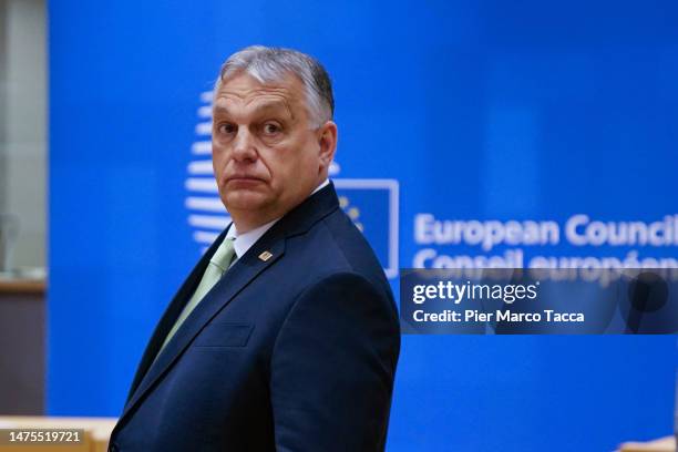 Viktor Orban Prime Minister of Hungary attends the European Union Council Meeting on March 23, 2023 in Brussels, Belgium. On the agenda of the...