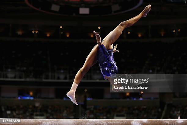 Gabrielle Douglas competes on the beam during day 4 of the 2012 U.S. Olympic Gymnastics Team Trials at HP Pavilion on July 1, 2012 in San Jose,...