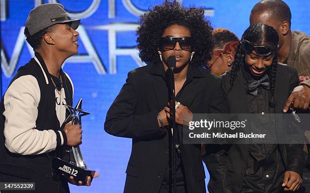 Musicians Princeton, Prodigy, Ray Ray and Roc Royal of Mindless Behavior accept the Coco-Cola Viewer's Choice Award onstage during the 2012 BET...