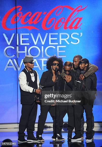 Musicians Princeton, Prodigy, Ray Ray and Roc Royal of Mindless Behavior accept the Coco-Cola Viewer's Choice Award onstage during the 2012 BET...