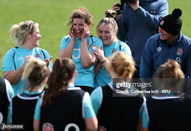 Sarah Hunter of England reacts as the team huddle during an England Red Roses Training Session at Penny Hill Park on March 23, 2023 in Bagshot,...