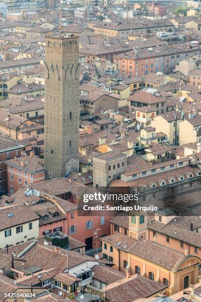 aerial view of prendiparte tower in old town of bologna - prendiparte stock pictures, royalty-free photos & images