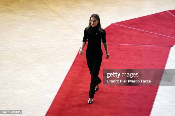 Finnish Prime Minister Sanna Mirella Marin arrives at the European Union Council Meeting on March 23, 2023 in Brussels, Belgium. On the agenda of the...