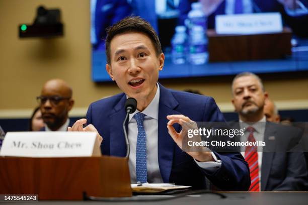 TikTok CEO Shou Zi Chew testifies before the House Energy and Commerce Committee in the Rayburn House Office Building on Capitol Hill on March 23,...