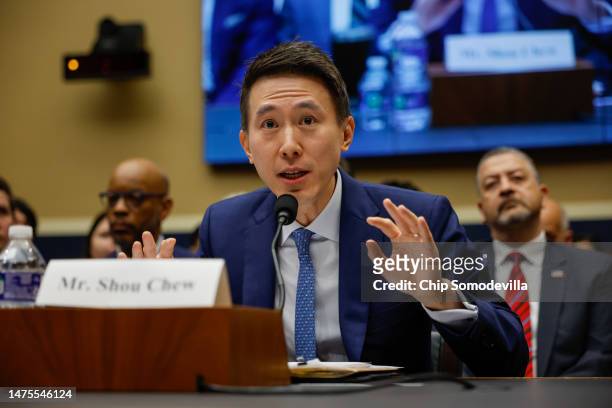 TikTok CEO Shou Zi Chew testifies before the House Energy and Commerce Committee in the Rayburn House Office Building on Capitol Hill on March 23,...