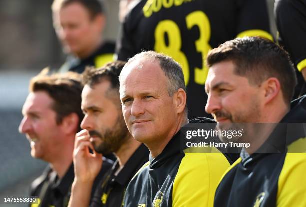 Jack Taylor, Dale Benkenstein, Head Coach of Gloucestershire CCC and Steve Snell, Performance Director of Gloucestershire CCC looks on during...