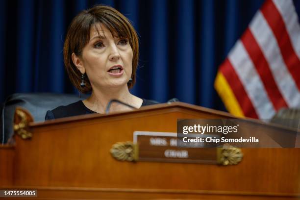 Representative Cathy McMorris Rodgers , chair of the House Energy and Commerce Committee speaks during the hearing with TikTok CEO Shou Zi Chew...