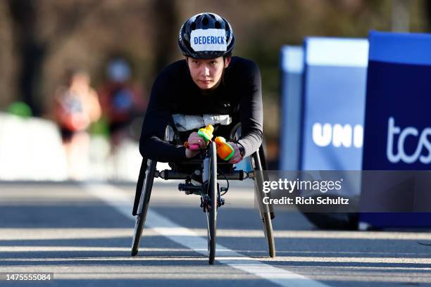 Hannah Dederick of the United States approaches the finish line in United Airlines NYC Half Marathon on March 19, 2023 in New York City.