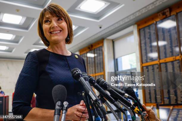 Representative Cathy McMorris Rodgers , chair of the House Energy and Commerce Committee speaks to the media before TikTok CEO Shou Zi Chew testifies...