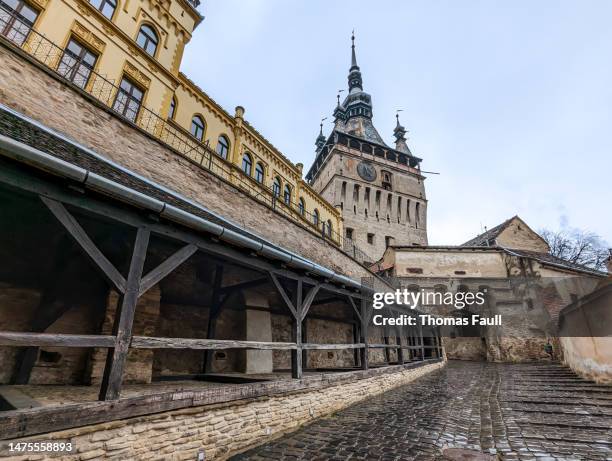 14th century the clock tower in sighișoara - sighisoara stock pictures, royalty-free photos & images