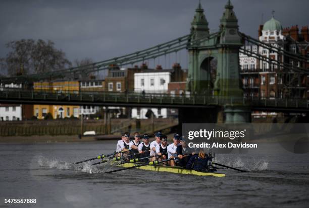 Members of the Oxford University Men's Team are seen on the water during Tideway Week ahead of The Gemini Boat Race 2023 on March 23, 2023 in London,...