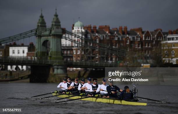 Members of the Oxford University Men's Team are seen on the water during Tideway Week ahead of The Gemini Boat Race 2023 on March 23, 2023 in London,...