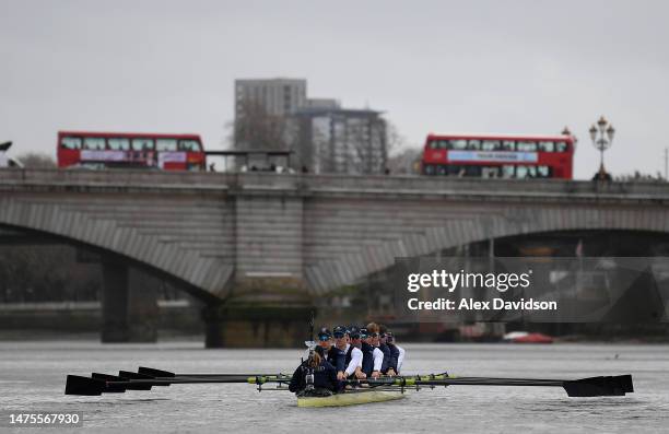 Members of the Oxford University Men's Team are seen on the water during Tideway Week ahead of The Gemini Boat Race 2023 on March 23, 2023 in London,...