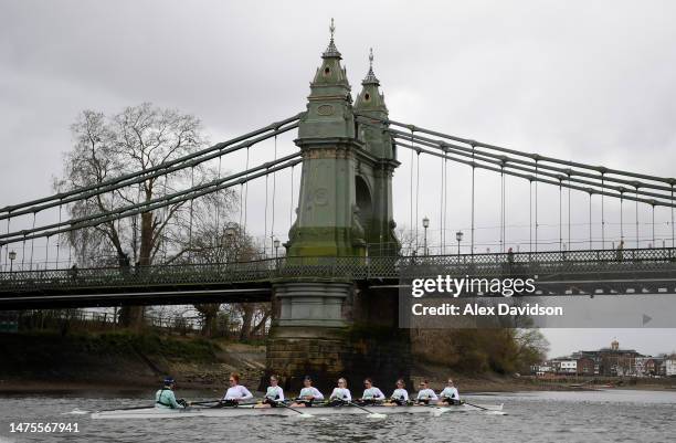 Members of the Cambridge University Women's Team are seen on the water during Tideway Week ahead of The Gemini Boat Race 2023 on March 23, 2023 in...