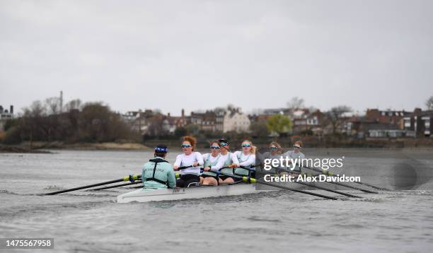 Members of the Cambridge University Women's Team are seen on the water during Tideway Week ahead of The Gemini Boat Race 2023 on March 23, 2023 in...