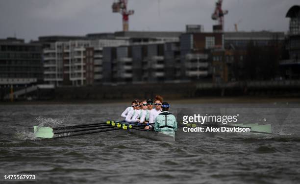 Members of the Cambridge University Women's Team are seen on the water during Tideway Week ahead of The Gemini Boat Race 2023 on March 23, 2023 in...