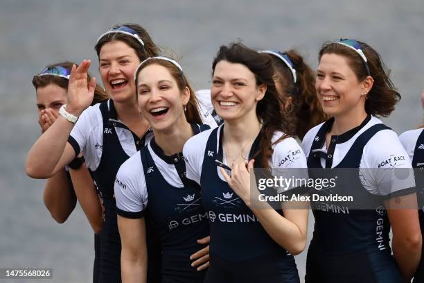 Members of the Oxford University Women's Team pose during Tideway Week ahead of The Gemini Boat Race 2023 on March 23, 2023 in London, England.