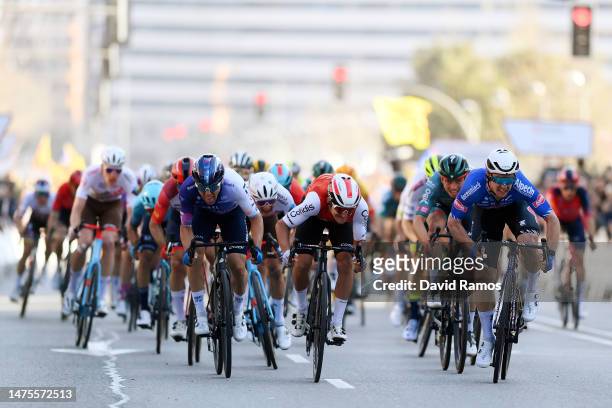 Corbin Strong of New Zealand and Team Israel-Premier Tech, Bryan Coquard of France and Team Cofidis and Kaden Groves of Australia and Team...