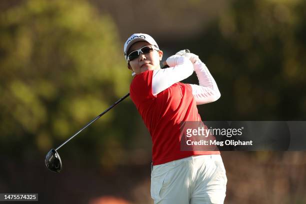 Ayako Uehara of Japan plays her shot from the fifth tee during the first round of the LPGA Drive On Championship at Superstition Mountain and Golf...