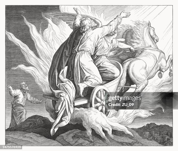 elijah's rapture (2 kings 2, 11-12), wood engraving, published 1860 - chariot stock illustrations