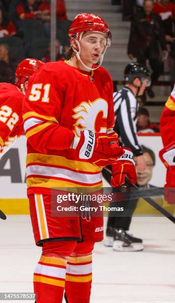 Troy Stecher of the Calgary Flames skates against the Dallas Stars at Scotiabank Saddledome on March 18, 2023 in Calgary, Alberta.