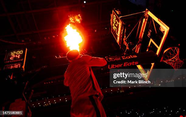 Pascal Siakam of the Toronto Raptors stands under the pyrotechnics before playing the Indiana Pacers in their basketball game at the Scotiabank Arena...