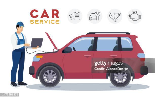 mechanic performing a car inspection using a laptop. car service repair concept. - bonnet stock illustrations