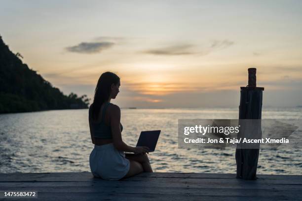 young woman uses laptop on dock over lagoon - auf dem schoß stock-fotos und bilder