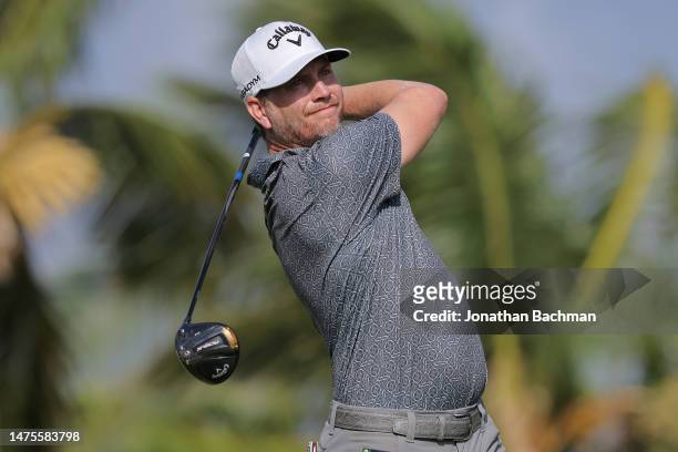 Chris Stroud of the United States plays his shot from the 16th tee during the first round of the Corales Puntacana Championship at Puntacana Resort &...